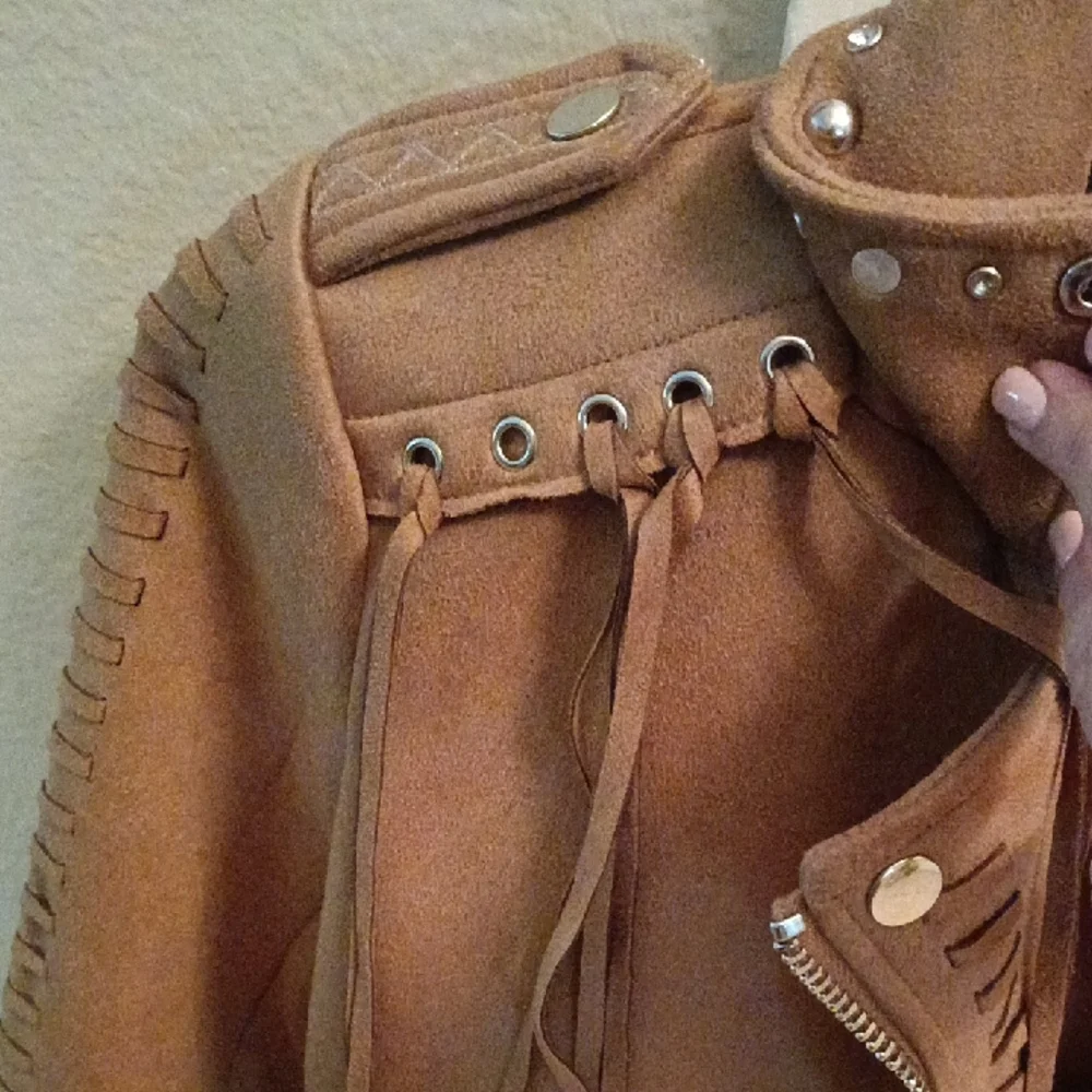 Zara Tan Suede Fringe & Stud Moto Jacket - Picture 3 of 4